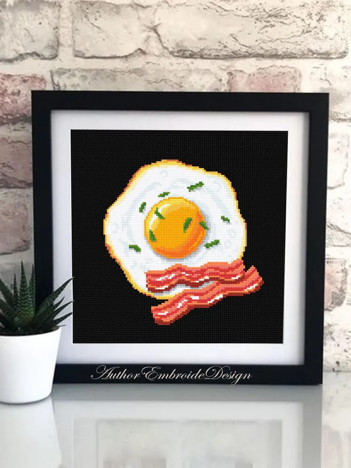 Fried egg with bacon cross stitch pattern PDF download Food cross stitch chart for beginners, Egg pattern digital PDF, Kitchen decor #F22