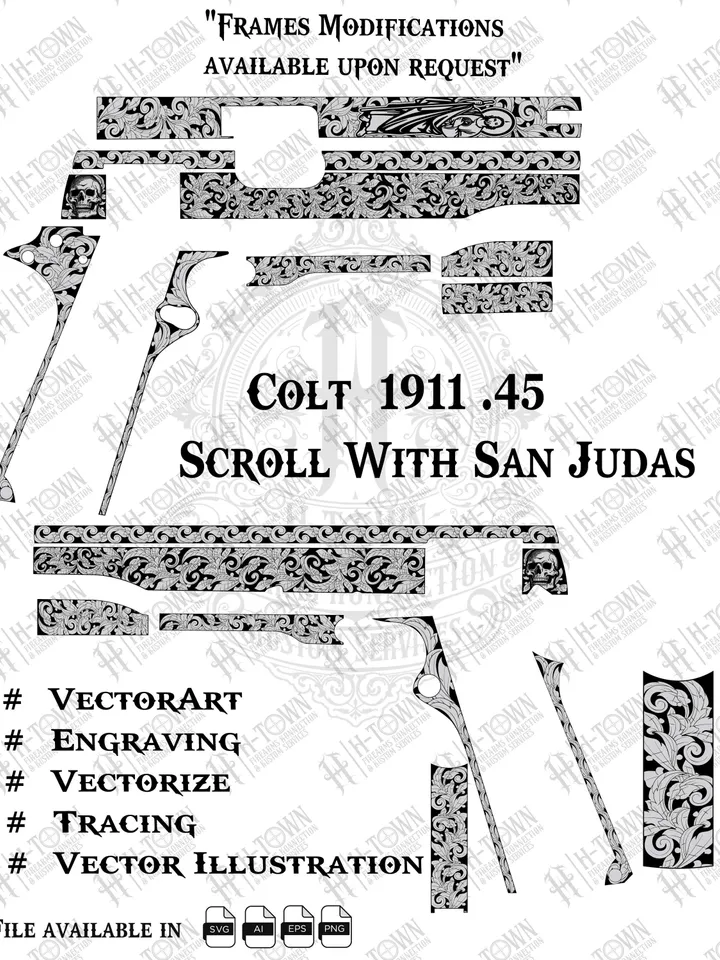 Colt 1911 .45 San Judas Scroll Engraving Design | Laser Ready (svg, png, eps, ai)