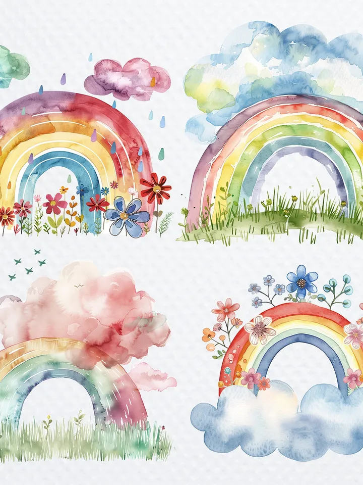 12 PNG Rainbows with Flowers Bundle, Nursery Watercolor Rainbow, Cute Rainbow clipart for sublimation, Digital download, Paper craft