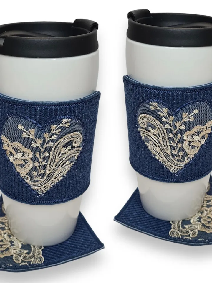 Set of cup holder and warmer for a mug in the hoop with knitted effect