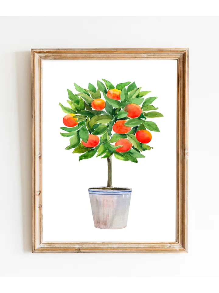 Orange Citrus Tree Watercolor Painting Print, Topiaries Print, Kitchen Fruit Print, Citrus Tree, Orange Fruit Art Print, Orange Plant Poster