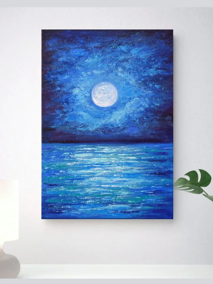 Seascape painting Moonlit night art original oil painting Full moon Night ocean artwork 12 by 8.3 inch by Juliya JC