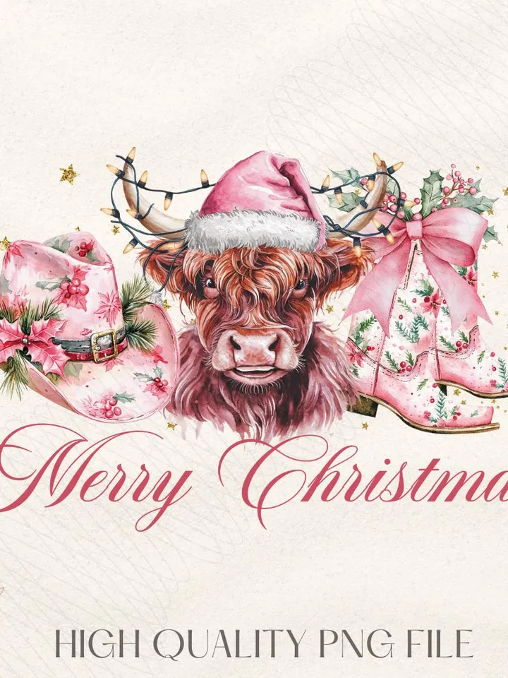 Pink Cowboy Christmas PNG, Merry Christmas, Western Sublimation, Highland cow png, Cowgirl Christmas png, Coquette country Christmas