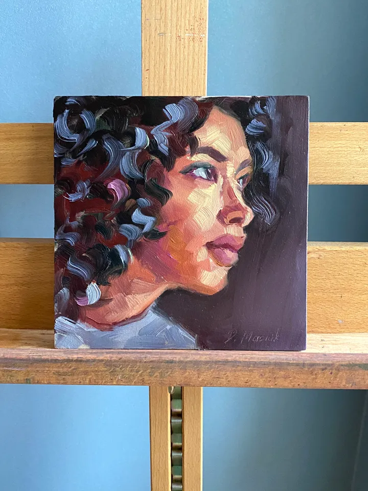 Woman Portrait Painting Original Female Image Artwork Oil On Panel 8x8 In