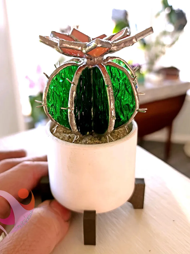 Stained Glass Cactus Suncatcher in White Pot with Stand - Cute Miniature Barrel Cactus with Flower