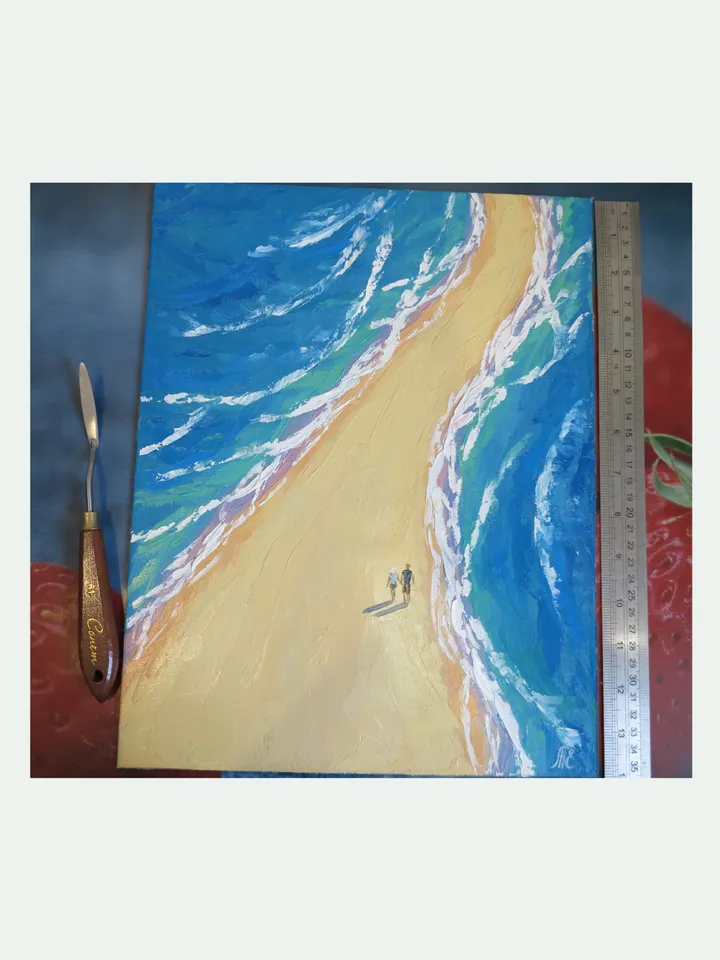 Ocean Shoreline Artwork - Original Palette Knife Oil Painting of a Couple on the Beach on Canvas