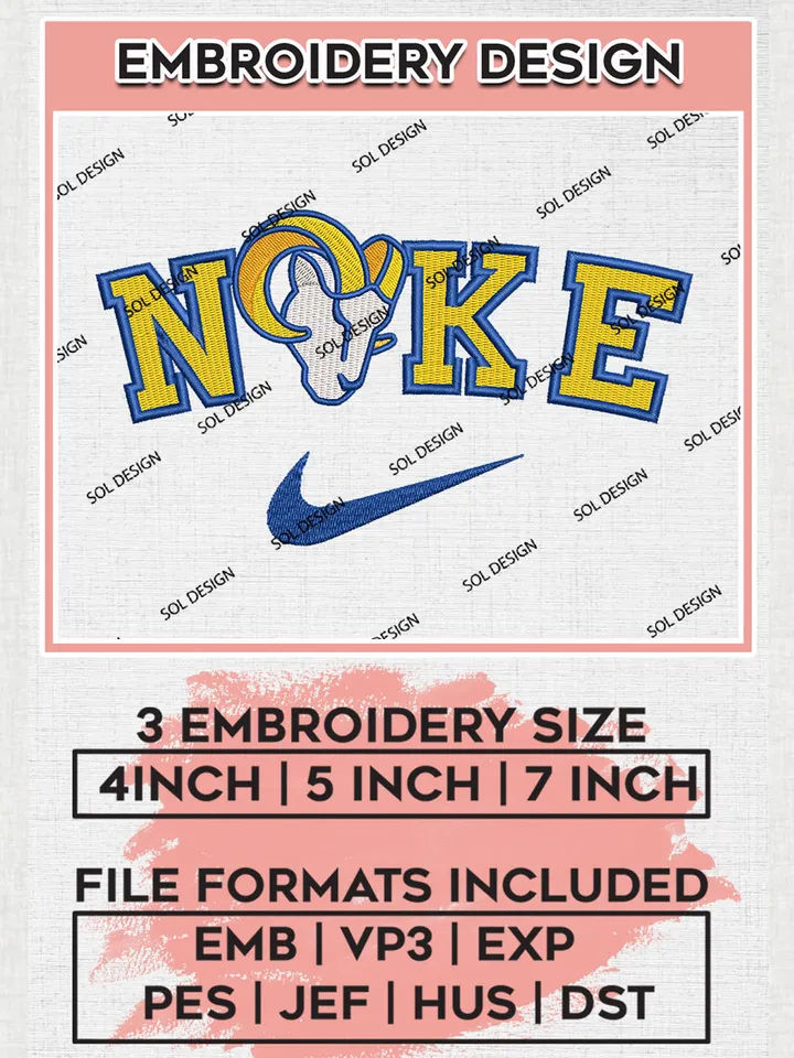 Nike Los Angeles Rams Embroidery Designs, NFL Rams, NFL Embroidery Designs, NFL Los Angeles Rams Machine Embroidery Design, Digital Download
