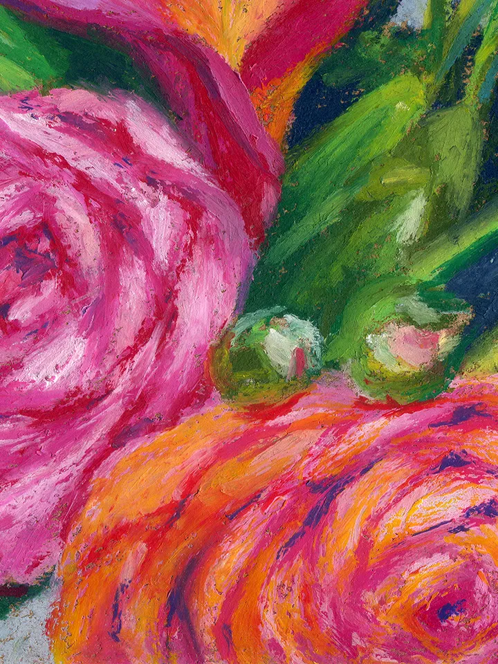 Bouquet of flowers Calla Roses Tulips Oil Pastel drawing on A4 craft paper