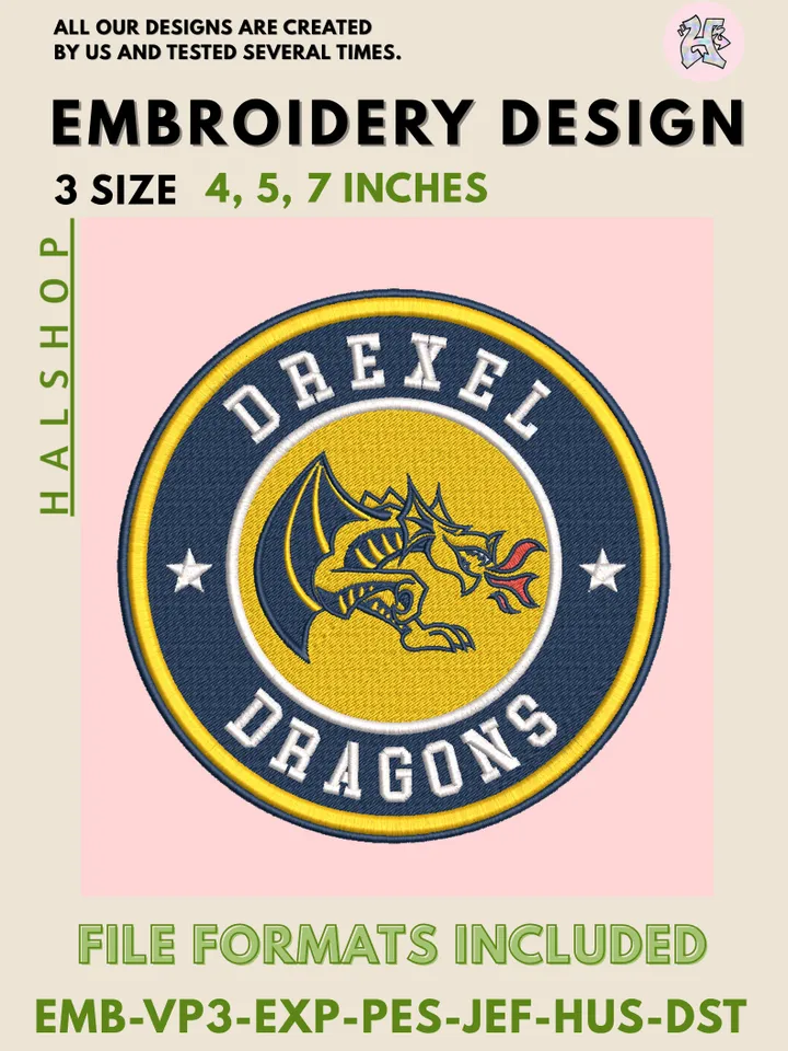 NCAA Drexel Dragons Logo Embroidery Design, College Team Machine Embroidery Files, Digital Download