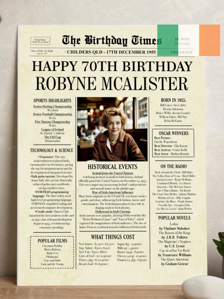 70th birthday NEWSPAPER, 70th birthday Ireland, 70th birthday gift for men or woman, 70th birthday poster, 70th birthday decor for ireland