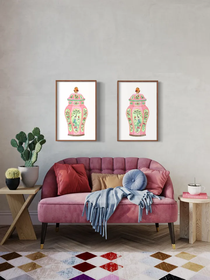 Pink Chinoiserie Ginger Jar Vase Set Of 2 Vintage Living room Wall Art Pagoda Porcelain Vases Apartment Art Print Living Room Wall Art Print