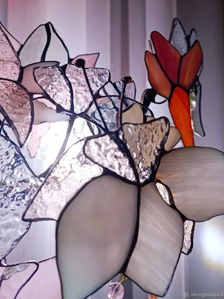 3D White and Pink Stained Glass Branch, 3D White-and-Blush Branch, 3D Stained Glass White and Pink Branch, White and Blush 3D Glass Twig, Delicate Pink & White Glass Floral Stem, Layered Stained Glass Blossom Branch, Handmade 3D Art Glass Flower Spray
