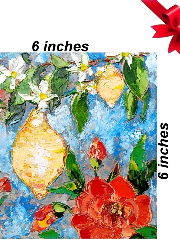 Lemon Painting Fruit Original Art Impasto Oil Painting Christmas Gifts Italy Poppy Small Artwork 6 by 6 by Art ProkopaloSv
