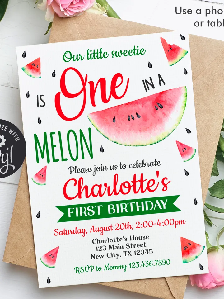 One in a melon invitation, Watermelon Birthday Invitation, 1st Birthday invitation Instand Download, Editable Template