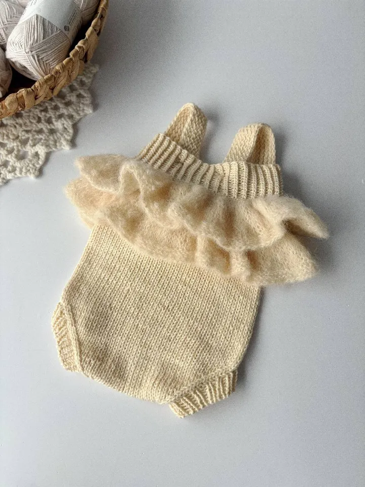 Hand-Knitted Ruffle Romper for Newborn photo. Newborn props.