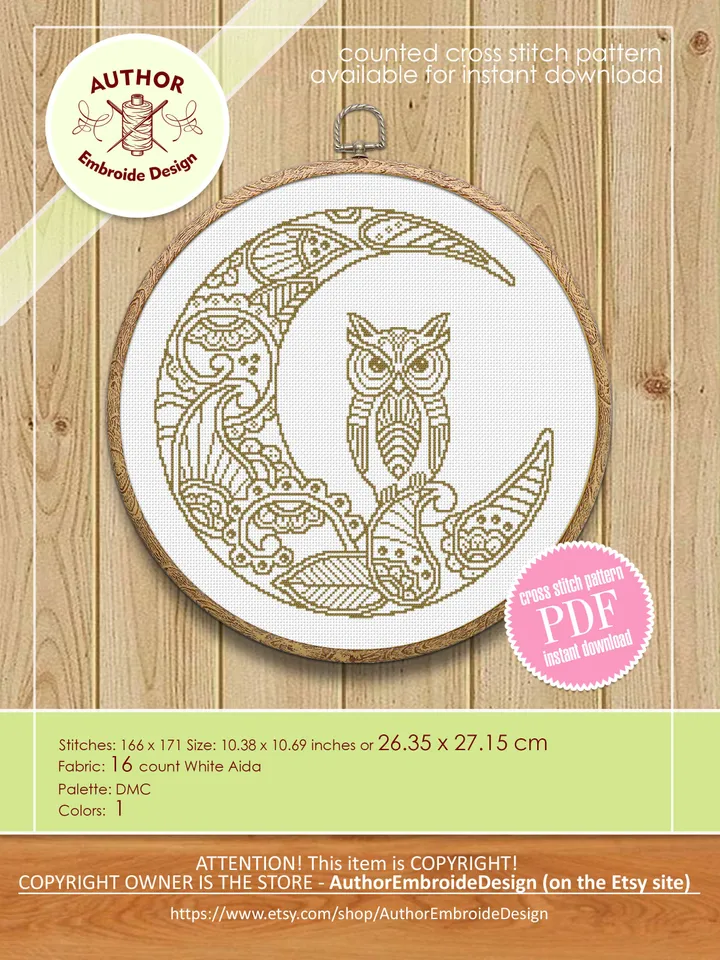 Crescent moon cross stitch pattern download PDF Mandala pattern PDF, Monochrome embroidery beginner, Owl cross stitch chart, Home decor #M95