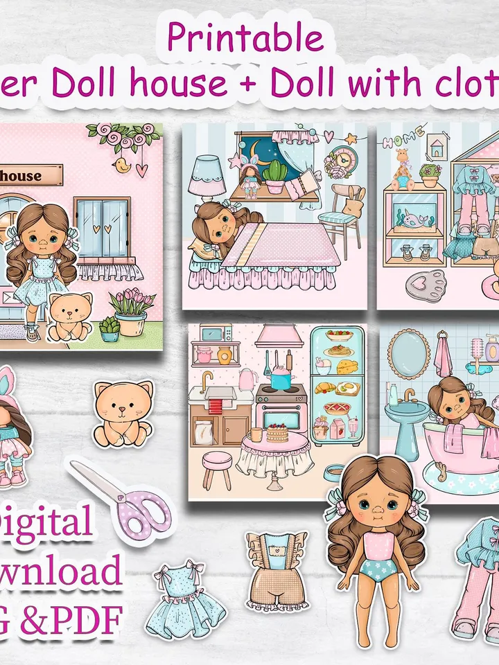 Printable Paper Blythe doll house, printable Doll with cat and clothes set, Holiday Blythe paper doll dress, Busy book printable crafts kids