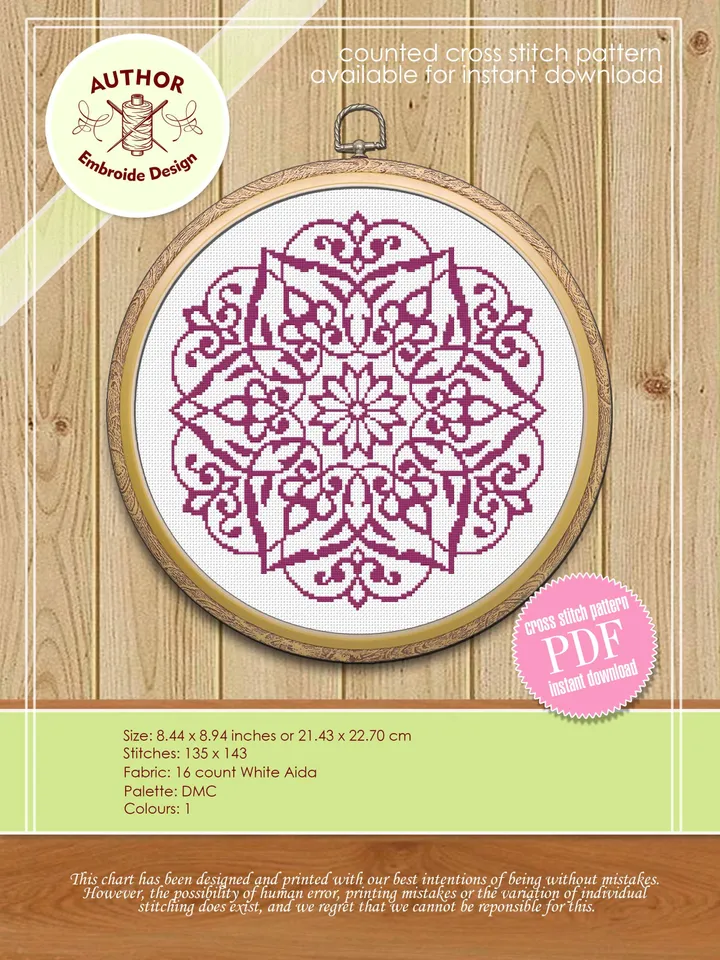 Mandala cross stitch pattern download PDF, Monochrome mandala pattern PDF, Floral ornament cross stitch chart, Easy embroidery beginner #M27