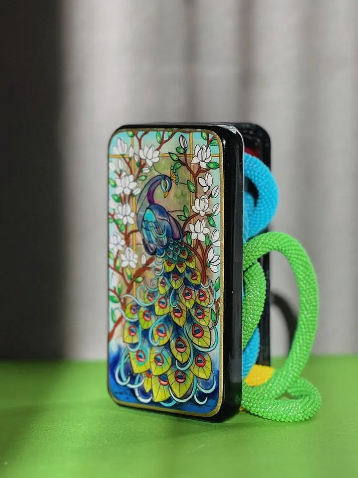 Beautiful Lacquer Box "Peacock" Hand painted miniature painting jewelry box Mother of pearl Papier mache Art gift Fedoskino