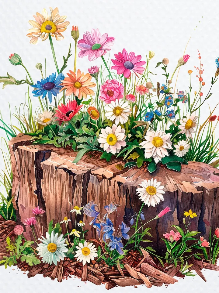 12 Wildflowers On Log png Clipart, Wild Flowers png, Printable Watercolor Wildflowers clipart for sublimation, Paper craft, junk journal