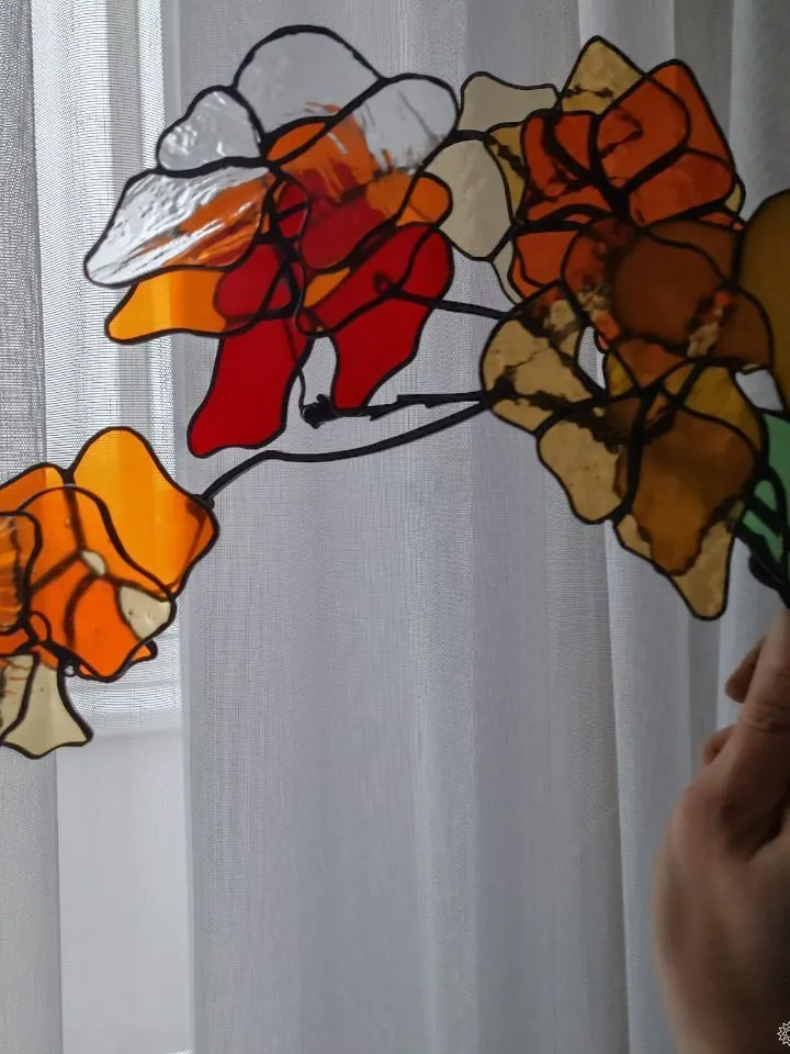 Yellow-Orange 3D Stained Glass Branch, 3D Branch in Yellow and Orange Tones, Handmade Stained Glass Floral Accent, Tiffany Glass Floral Twig in Warm Tones, Multilayer Yellow and Orange Stained Glass Stem, Artistic 3D Glass Flower Composition