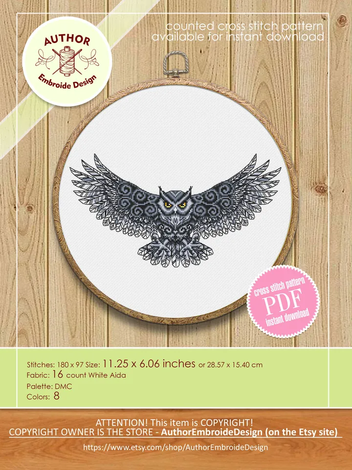 Owl cross stitch pattern download PDF Fantasy bird cross stitch chart, Owl embroidery PDF, Blackwork patterns, Gothic home decor #D9