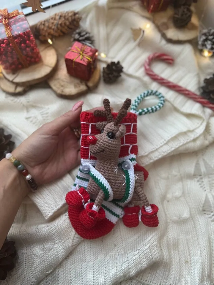 PDF Christmas Stocking, Christmas amigurumi pattern, Christmas ornament sock, Christmas decoration, Christmas crochet deer, Christmas animal