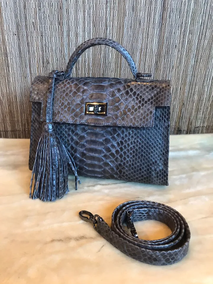 Top handle dark grey classy genuine python skin bag | exotic leather bags | Elegant women purse | snake skin bag | designer leather bag