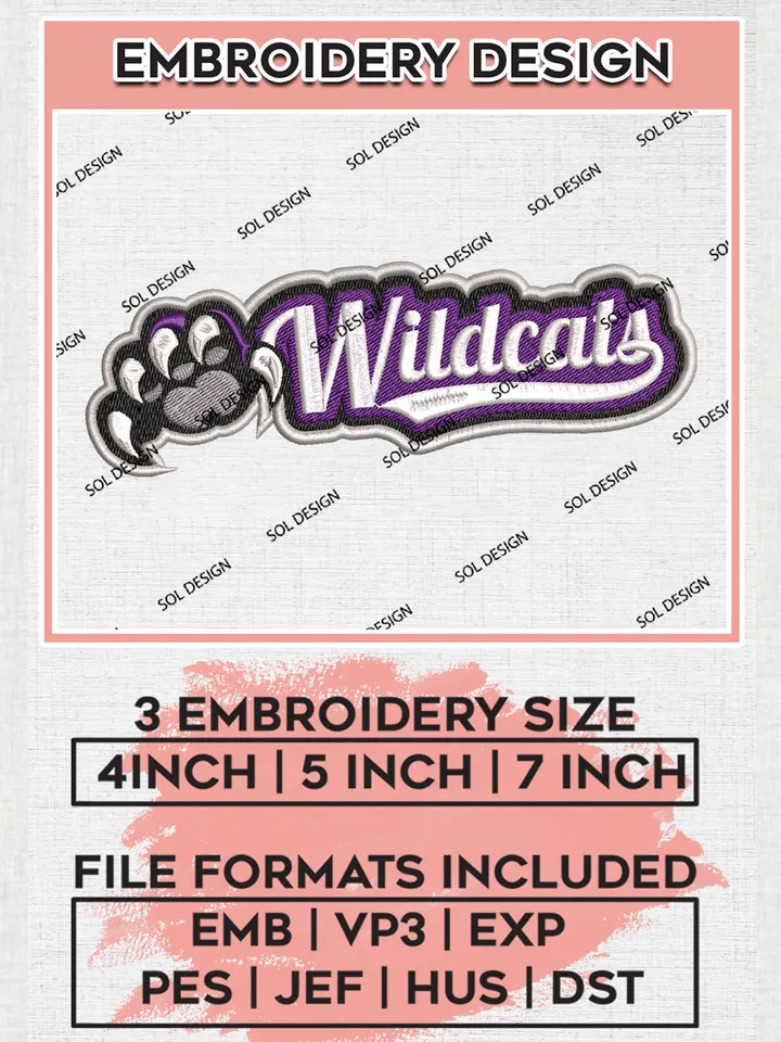 NCAA Wildcats Team Game Day Logo Embroidery Design Files, NCAA Weber State Wildcats Machine Embroidery, NCAA Teams, 3 sizes, NCAA Machine embroidery designs, Digital Download
