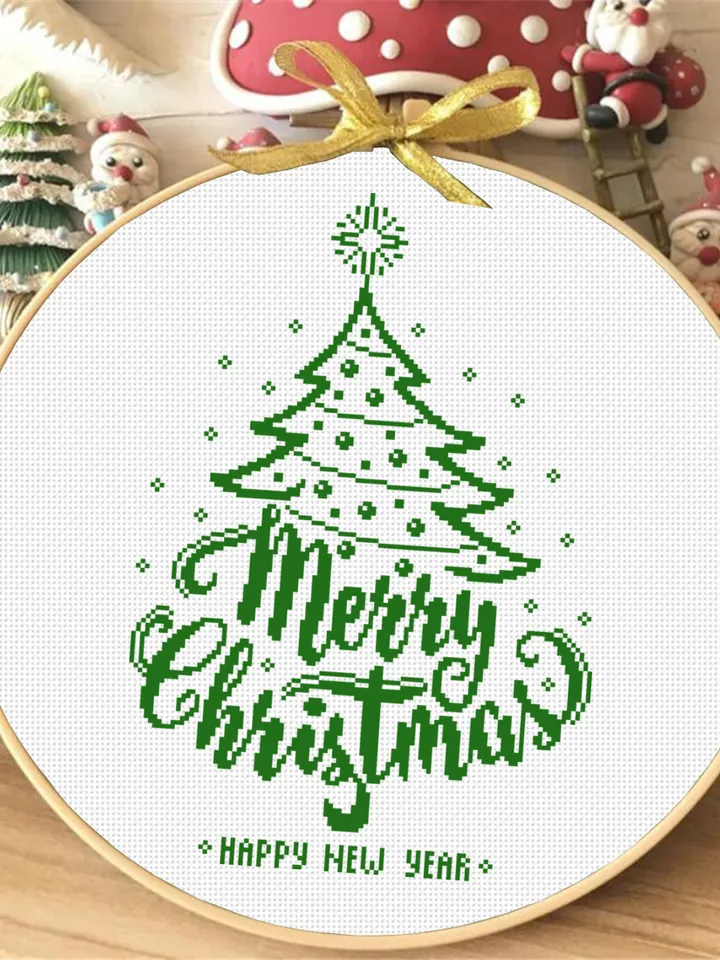 Christmas tree cross stitch pattern download PDF, Merry Christmas pattern digital, Monochrome embroidery beginner, Easy xmas stitch #N74