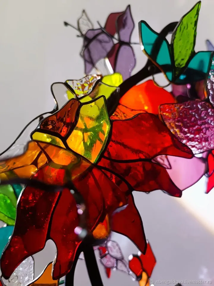 Vertical Flower Branch 3D, 3D Stained Glass Flower Branch, Vertical 3D Floral Stained Glass Branch, 3D Floral Branch in Stained Glass, Vertical Stained Glass Flower Composition in 3D, 3D Stained Glass Blossom Branch, Vertical 3D Flower Design