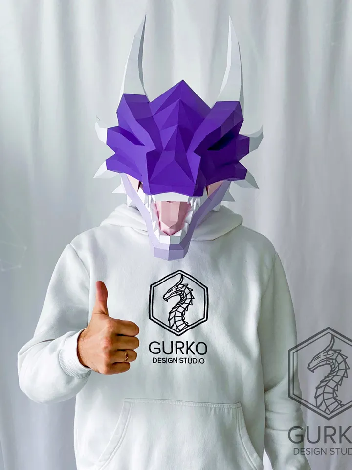 Dragon Mask Papercraft, Digital Template, PDF Download, Gurko, 3D Low Poly Animal Mask, DIY Origami, Pepakura, Paper Mask, DIY Costume