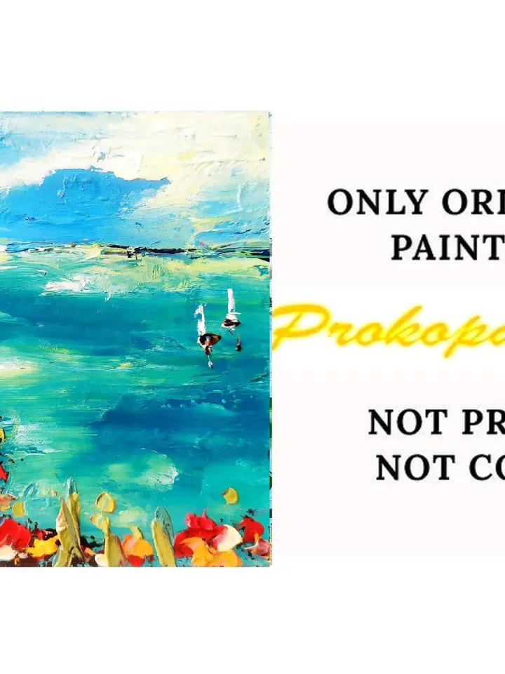 Seascape Painting Poppy Tuscany Original Art Seascape Impasto Oil Painting Small Artwork 4x4 Tuscan Serenity Original by ArtProkopaloSv