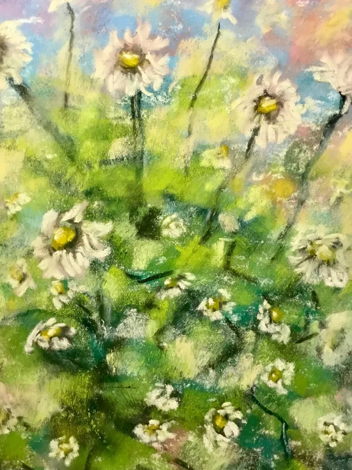 Daisies pastel painting ,original abstract painting,soft pastel on pastelmat, small gift for her,home decoration.