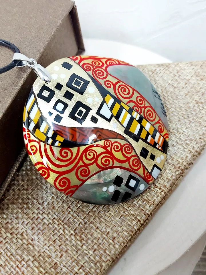Gustav Klimt.Mother-of-pearl Russian hand-painted necklace.Hand painted miniature painting.Modern.Collectible.Artistic gift.For your beloved