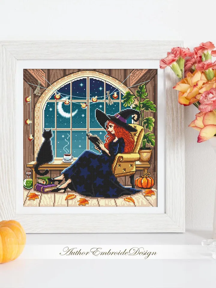 Reading witch cross stitch pattern PDF download Witch home cross stitch chart, Halloween witch pattern digital PDF, Cozy fall window #H88