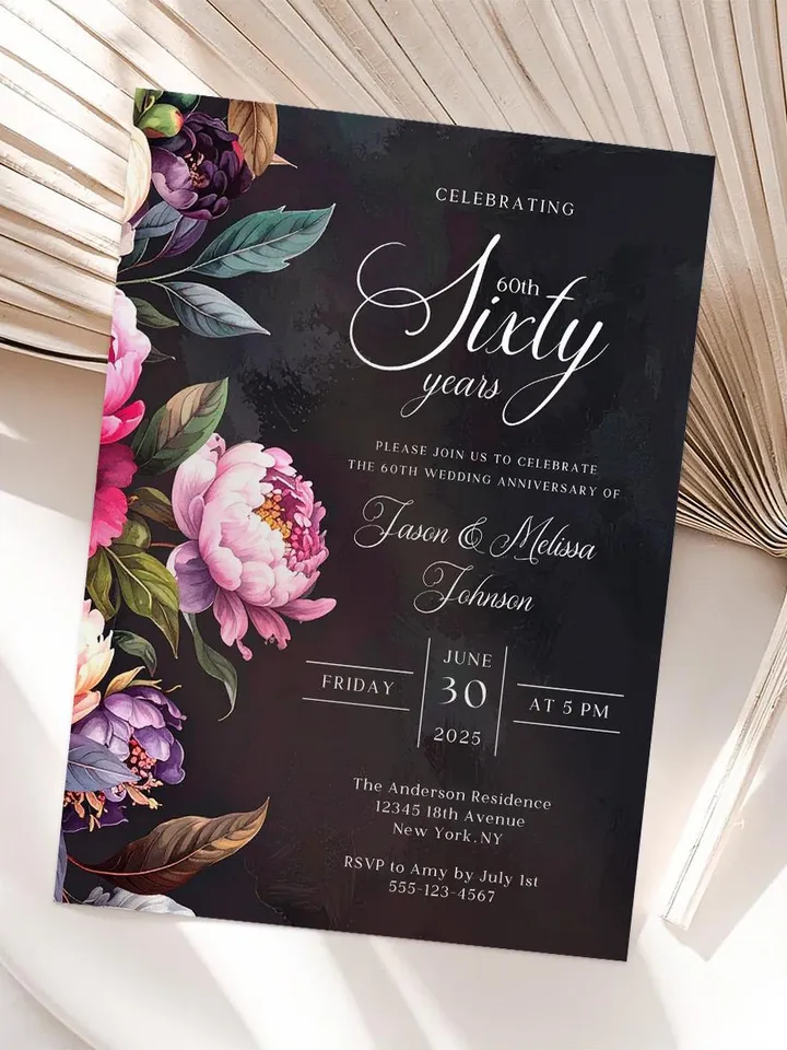 60th Anniversary Party Invitation, 50th, 40th, 30th, 20th, Moody Burgundy & Blush Peony Floral Canva Template 5x7 birthday evite