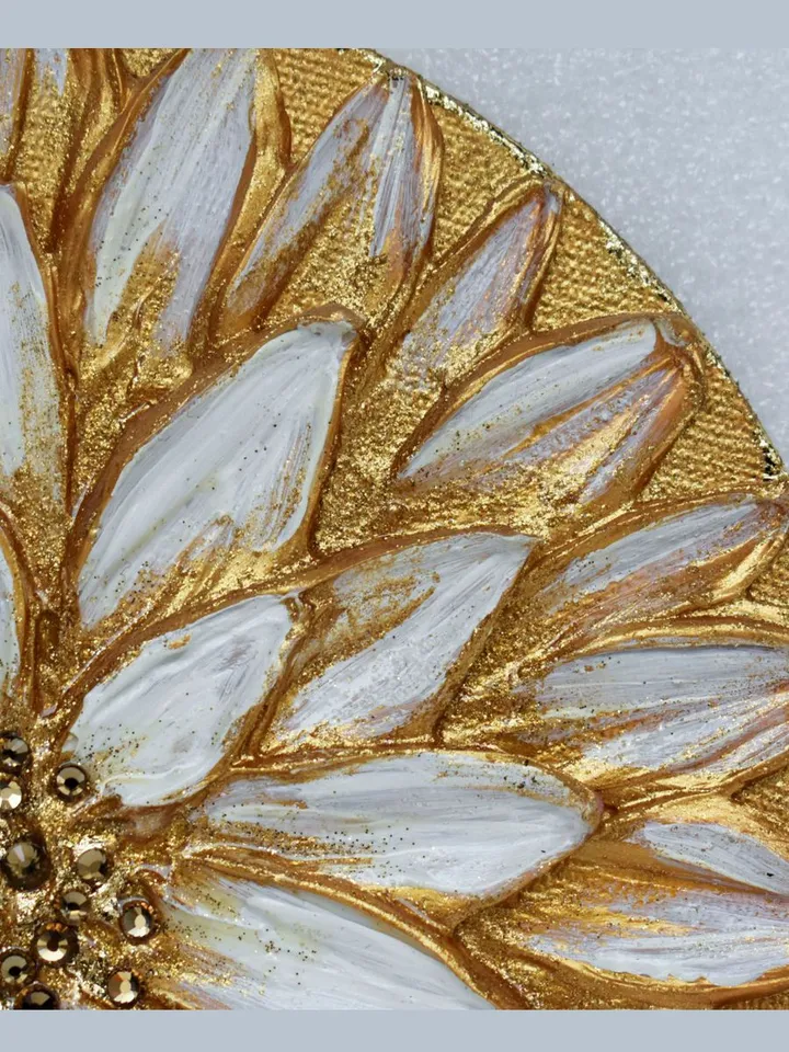 Golden Daisy art Floral Abstract Original Painting Textured artwork on a round canvas | Gold Flower wall art with gold crystals