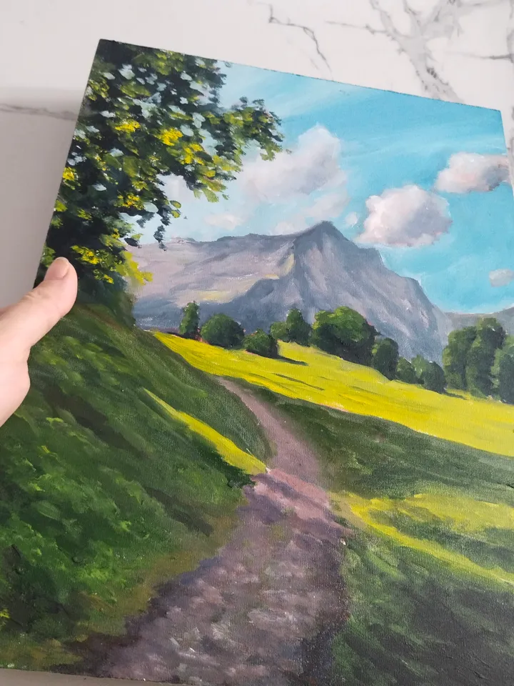 Landscape oil painting with mountains Switzerland Green hill and track Small artwork