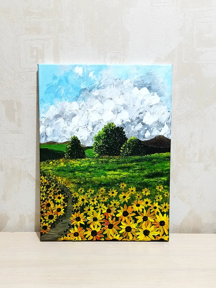 Sunflowers Landscape Textured Acrylic Painting Artwork Impasto