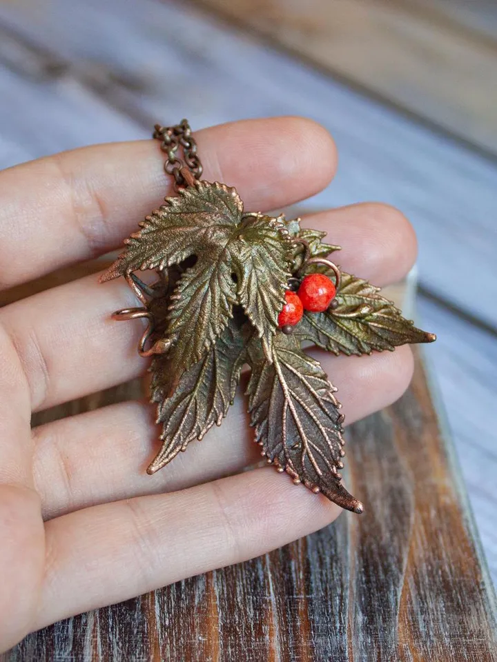 Unique handmade copper pendant made of nature leaves in a single copy, original gift