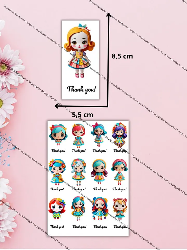 Mini postcards/tags with the image of dolls "Thank you"