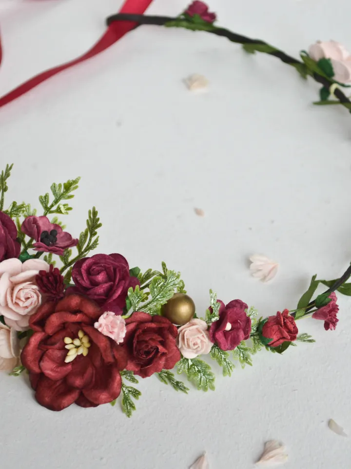 Flower girl crown, Burgundy flower crown, Toddler flower crown, Wedding flower crown, Flower crown