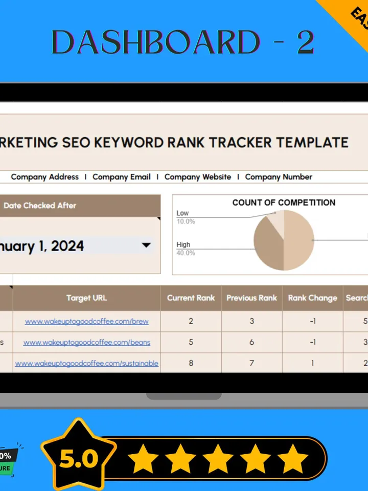 Marketing SEO Keyword Rank Tracker Template, Google Ranking Tracker, SEO Performance Spreadsheet, Keyword Position Monitoring Tool