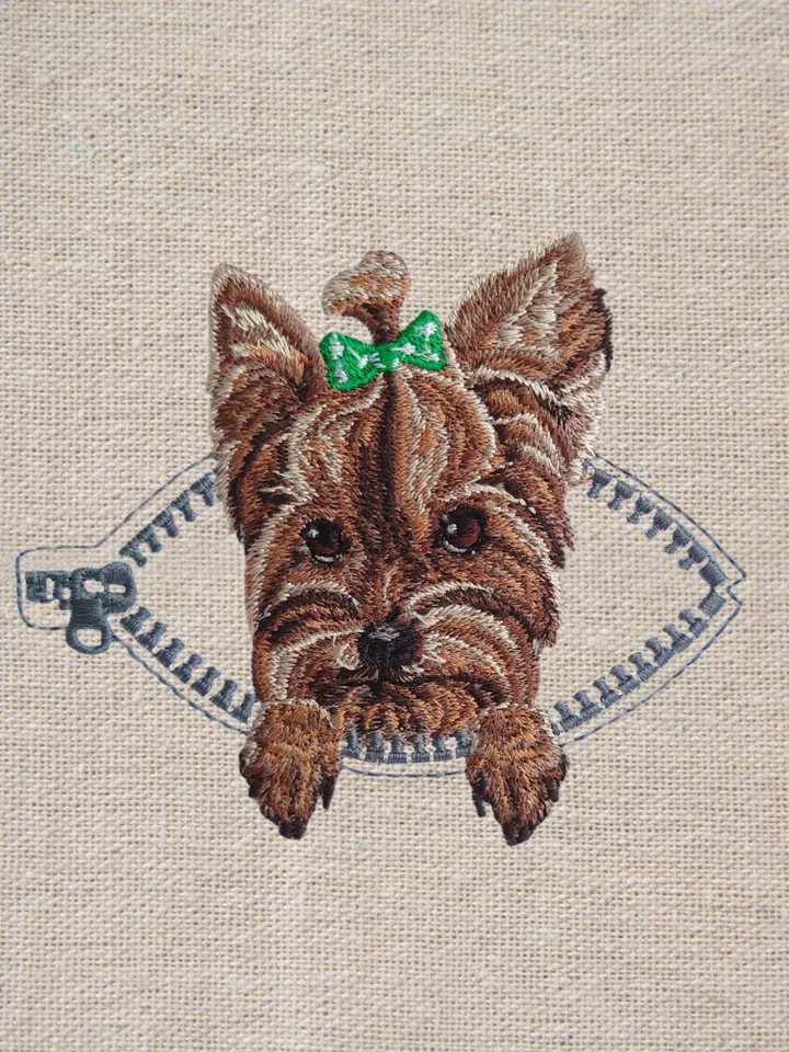 York in a zipper pocket Miniature realistic machine embroidery design Pet design Dog realistic pattern york embroidery pattern