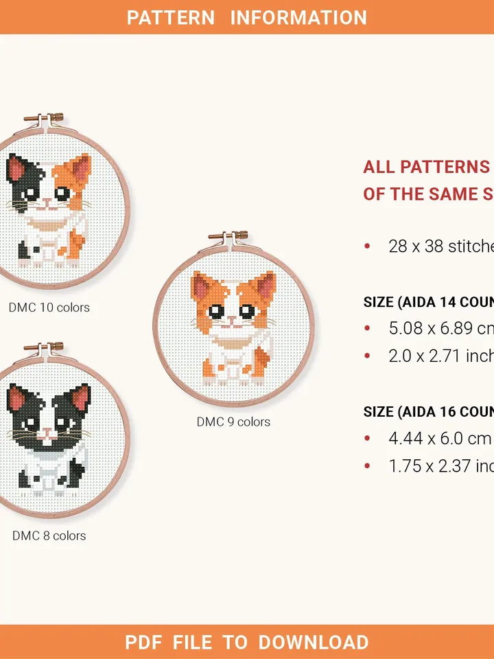 Bundle of 3 mini cute kitten Cross stitch patterns contemporary cats animals beginner counted modern chart gift DIY embroidery instant PDF