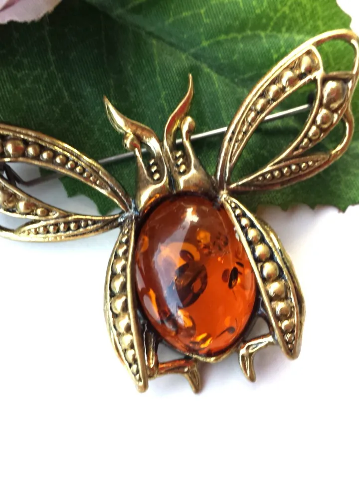 May Beetle Insect Brooch Nature Jewelry for Women and Men Gold Brass with Amber Jewelry Spring Summer Brooch on Dress Jacket