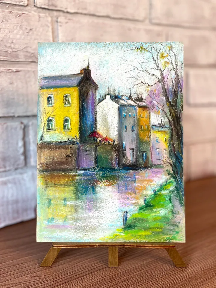 Town painting Oil pastel painting City street landscape Riverside art