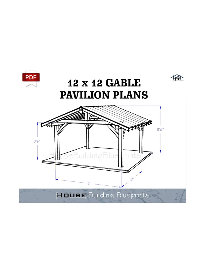 Covered 12' x 12' gable pavilion plans for DIY. Outdoor carport plans. Diy backyard wooden gazebo plans for patio in pdf