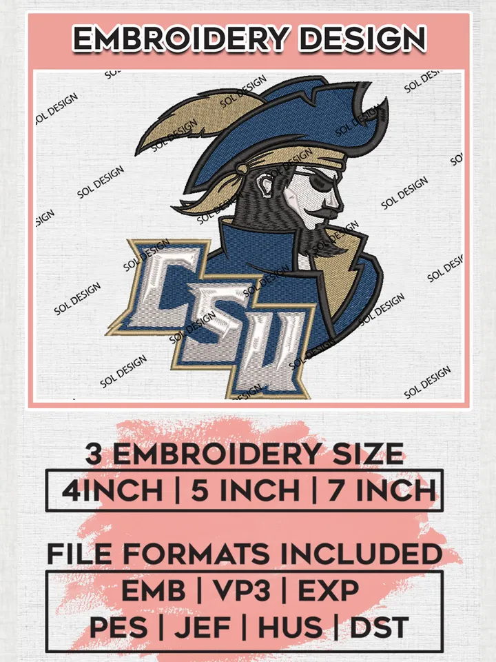 CSU Buccaneers Team Head Logo Embroidery Design Files, NCAA Charleston Southern Buccaneers Machine Embroidery, NCAA Teams, 3 sizes, NCAA Machine embroidery designs, Digital Download